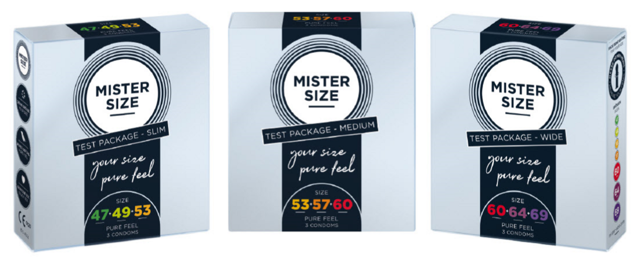 Три различита тестна паковања кондома Мистер Сизе